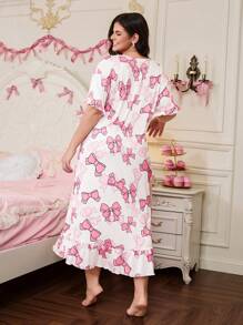 SweetSlumber Cute Bow Floral Print Ruffle Hem Casual Plus Size Nightgown Babydoll PerfectSummer