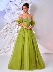 Glamrae Elegant Yellow-Green Mesh Prom Dress,Luxurious Sequin Stitching Fishbone Waist Oversized Skirt With Train,Formal Dinner Wedding Birthday Party Gown - Olive Green - View 7