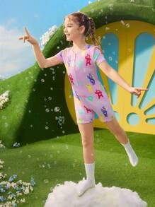Teletubbies X SHEIN Tutina da pigiama corta con maniche corte, comoda e casual, con stampa a cartone animato, per ragazze adolescenti, colore viola