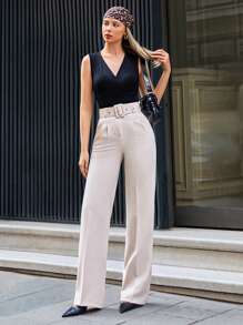 EURMUSE Fashionable Versatile Solid Color High Waist Straight Leg Suit Pants - Apricot - View 6