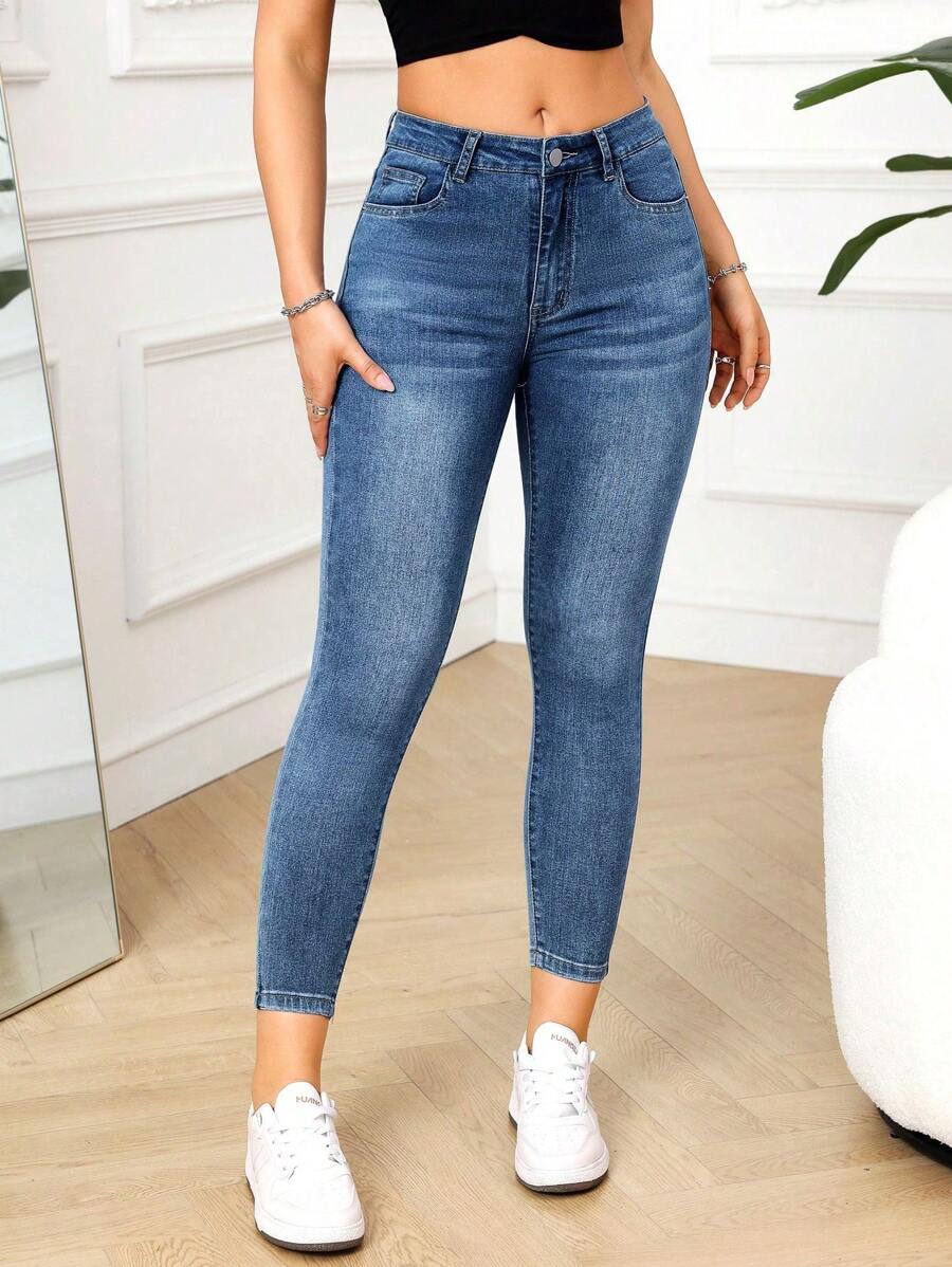 SHEIN PETITE Women's Pocket Skinny Casual Versatile Jeans - Light Wash - View 1