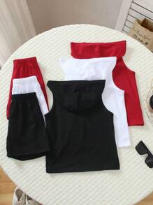 Conjunto de múltiples piezas: Parte superior sin mangas con capucha de unicolor casual + pantalones cortos con cintura elástica holgados para niños, ligero y cómodo, adecuado para uso en exteriores