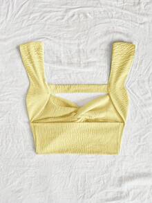 Soleia 女士蓝色针织金属线扭纹前部甜心领露背短款度假上衣 - 芥末黃 - 查看 2