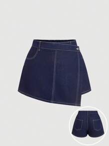 SHEIN MOD Short en jean grande taille, jupe-short ajustée casual en patchwork, jupe-short bleue pour la fête des mères, concert d'été, vacances à la plage, jupe-short mignonne, jupe-short décontractée chic pour femme, jupe-short pour l'aéroport
