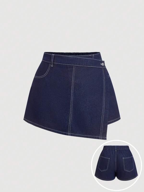 SHEIN MOD Plus Size Denim Shorts, Casual Fitted Patchwork Skort,Mother Day Outfit  Blue Summer Outfits For Women Concert Outfit Women Beach Vacation Outfits Cute Skort Business Casual Woman Skorts For Women Cruise Outfits Women Airport Outfit For Women