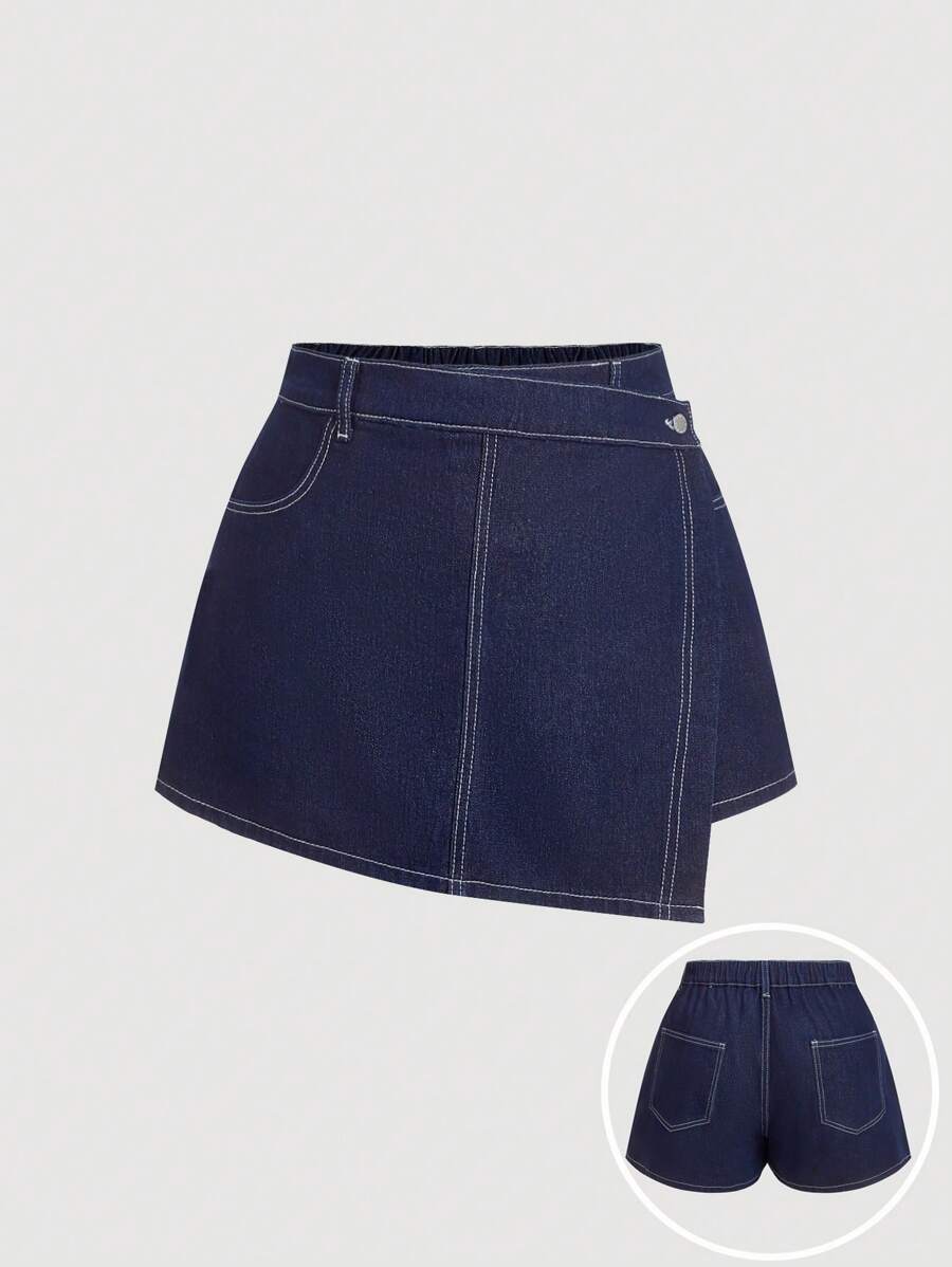SHEIN MOD Short en jean grande taille, jupe-short ajustée casual en patchwork, jupe-short bleue pour la fête des mères, concert d'été, vacances à la plage, jupe-short mignonne, jupe-short décontractée chic pour femme, jupe-short pour l'aéroport