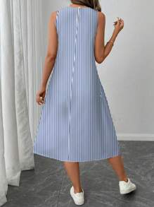 SHEIN LUNE Vestido de media longitud estampado con rayas azules y blancas, casual, adecuado para primavera y verano - Multicolor - Ver 3