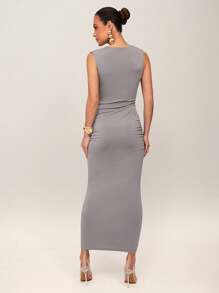 Silquee Vestido elegante de mujer de corte slim y largo con cuello asimétrico y plisado para fiesta