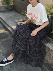 FRIFUL 娇小女式薄纱半身裙，甜美高腰半身裙，春夏格子裙 - 黑色 - 查看 2