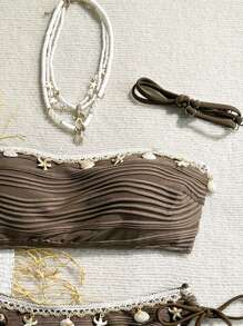 Swim Vcay Summer Women 2pcs Textured Solid Color Shell Strap Decor Halter Tie Bikini Set Set, Handmade Shell Quantity Random - Coffee Brown - View 4