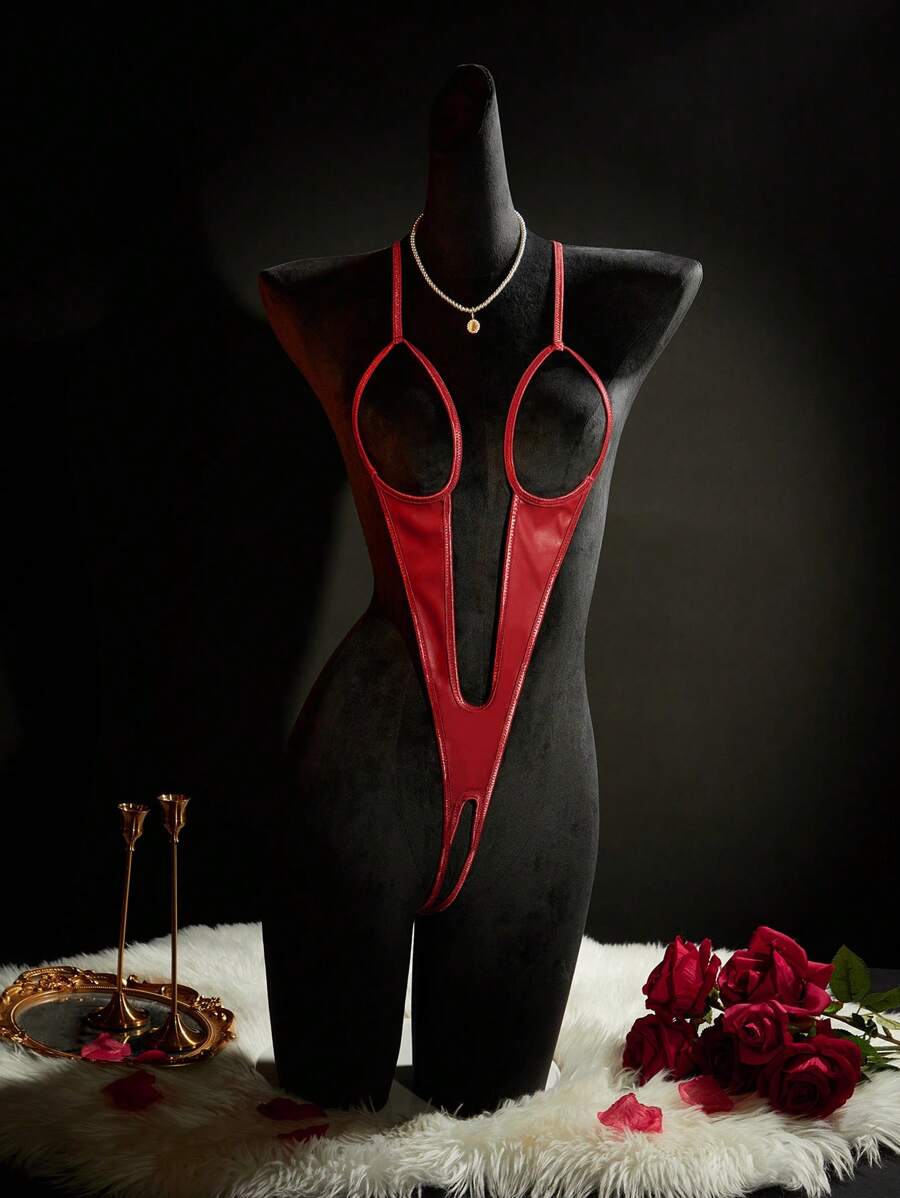 PU 皮革镂空开裆超性感女式紧身衣，外出必备 - 酒紅色 - 查看 1