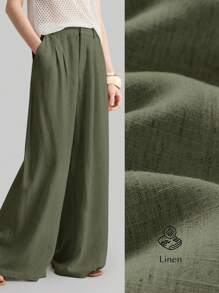 Ontre 2025秋季女士休闲宽松褶裥阔腿裤，适合波西米亚风、度假、节日、商务休闲、海滩、生日派对、教师节、圣诞节等场合穿着 - 軍綠色 - 查看 2
