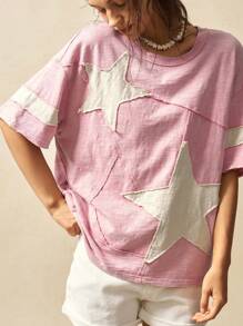 Bohemela 大码夏季休闲拼色星星贴花T恤 - 彩色 - 查看 6