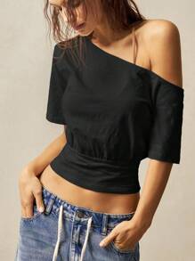 Bohemela Áo thun nữ cổ tròn dệt kim màu đen trơn ngắn, dáng bất đối xứng, thích hợp để đi chơi - màu đen - Xem 6