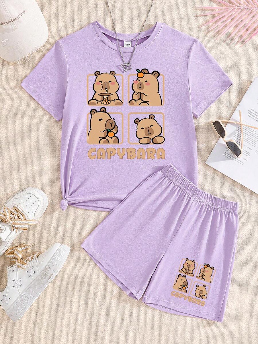 SHEIN Bộ 2 áo phông và quần short in hình chú chuột lang hoạt hình cho bé gái, màu tím, trang phục dễ thương cho thiếu nữ vào mùa hè - Màu tím - Xem 1
