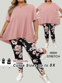 SHEIN CURVE+ 大尺碼女款夏季波希米亞風粉色花卉兩件套，圓領短袖不對稱下擺T恤與休閒長褲，海灘度假穿搭 - 藕粉色 - 查看 7