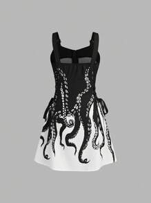 SHEIN Clasi Váy dây buộc bên hông in hình bạch tuộc tông màu tối thanh lịch, mùa hè - Đen và trắng - Xem 2