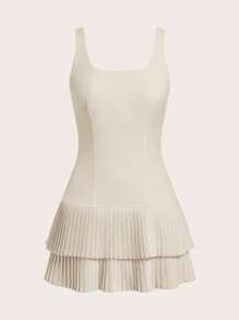 SHEIN EZwear Vestido corto sin mangas de cuello redondo con pliegues de unicolor para mujer - Albaricoque - Ver 7