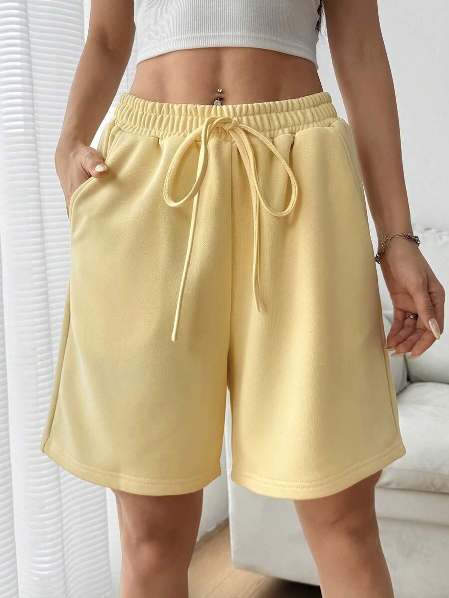 SHEIN EZwear 女士休闲夏季纯色抽绳腰斜口袋七分裤