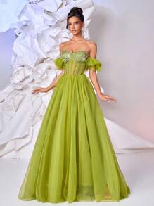 Glamrae Elegant Yellow-Green Mesh Prom Dress,Luxurious Sequin Stitching Fishbone Waist Oversized Skirt With Train,Formal Dinner Wedding Birthday Party Gown - Olive Green - View 6