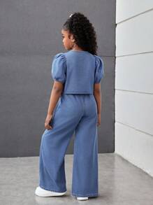 Firerie Kids Firerie Kids Conjunto de top con botones y volantes en las mangas y pantalones vaqueros anchos y sueltos para niñas preadolescentes, ideal para primavera y verano, atuendos casuales versátiles para conciertos, festivales, brunch de verano, iglesia, graduación y regreso a la escuela - Azul lavado medio - Ver 2