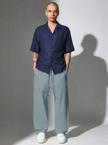 SUMWON 亚麻外观夏季直筒裤宽松抽绳轻便度假旅行家居服休闲裤全天舒适 - 霧霾藍 - 查看 3