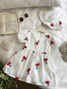 Baby Girls 0-3 Years Old Spring/Summer Cute Playful Daily Outing Cherry Embroidery Puff Sleeve Dress + Hat - White - View 2