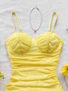 Soleia Foldover Mesh Yellow Cami Mini Dress,70s Boho Style Summer Holiday Party Dress,Suitable For Date,Afternoon Tea,No Chest Padding - Mustard Yellow - View 3