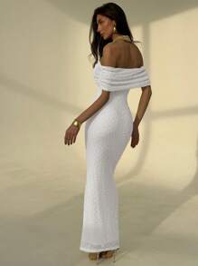 Aloruh 女士露肩紧身连衣裙，浪漫约会度假之选，春夏女士白色连衣裙，全白派对装 - 白色 - 查看 2
