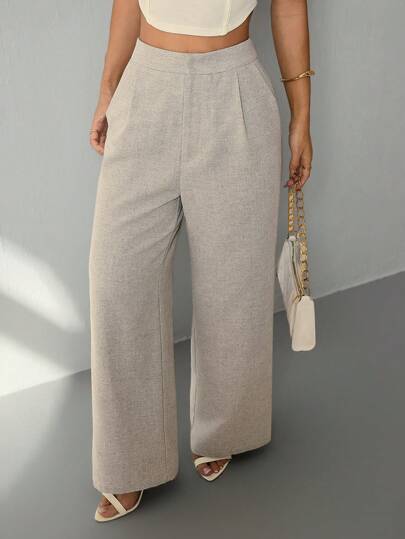 SHEIN PETITE 女士纯色宽松阔腿休闲裤，夏季