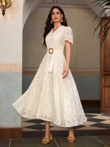 ZEYLAH Vestido largo elegante con escote en V, mangas cortas y cintura ceñida con cortes