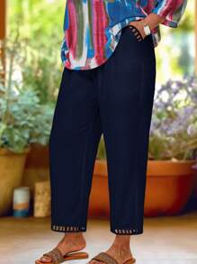 EMERY ROSE Quần ống đứng màu trơn thường ngày cỡ lớn - Màu xanh hải quân - Xem 4