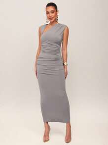 Silquee Vestido elegante de mujer de corte slim y largo con cuello asimétrico y plisado para fiesta