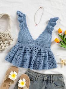 Soleia Women Solid Color Hollow Out Knitwear With Back Tie