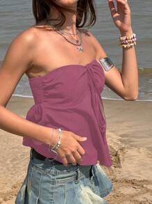 Jouncy Women's Strapless Tie-Up Ruffle Hem Camisole Tank Top, Summer - Burgundy - View 4