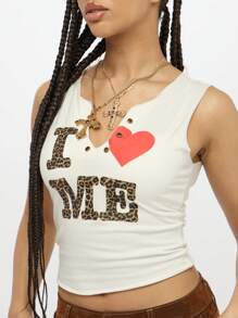 SUMWON WOMEN I Love Me Leopard Print Crop Tank Top V Neck Fitted Sleeveless Summer Festival Casual Everyday Statement Cotton - White - View 6