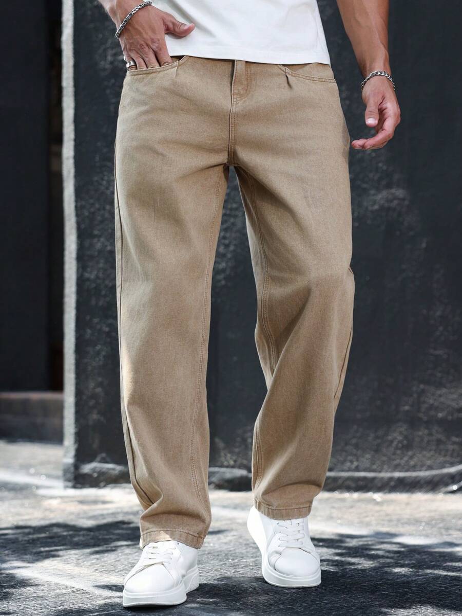 Manfinity Homme Jeans casual in denim con bottone e tasca, di colore unito, versatile per gli uomini