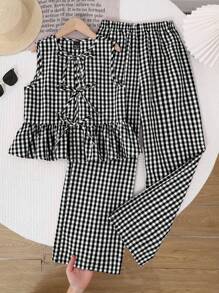 SHEIN EZwear Women 2pcs Sleeveless Tank Top & Pants Set With Tie Front, Black & White Plaid, Summer