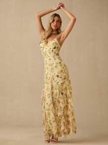 Enchnt 春夏浪漫女装时尚黄色花卉印花荷叶边下摆收腰吊带长裙，甜美优雅性感，适合度假、海滩、约会、节日、派对、毕业典礼和婚礼宾客，舞会礼服，女士夏季连衣裙，夏季服装，优雅派对连衣裙，波西米亚风格服装 - 黃色 - 查看 5