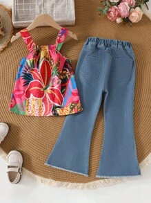 SHEIN Young Girl Palm Tree Print Camisole & Flared Pants 2-Piece Set - Blue - View 4