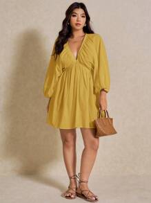 Elaquor 大码女式深V领灯笼袖纯色连衣裙