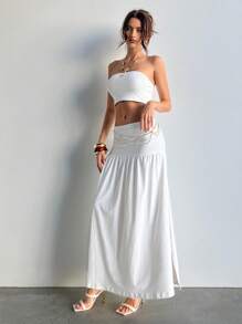 Aloruh 2pcs/Set Women Solid Cropped Bandeau Top & Mini Skirt Sets, Vacation