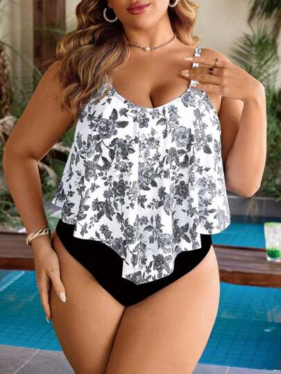 Swim Lushoire Plus Size 2pcs Set Women Chinoiserie Style Random Print Backless Round Neck Ruffle Hem Top And Pleated High Waist Triangle Bottom Bikini Set For Summer Beach Vacation