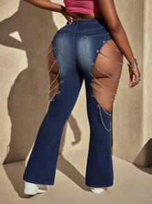 SHEIN ICON Plus Size Women's Blue Metal Chain Decor Hollow Summer Denim Jeans - Dark Wash - View 2