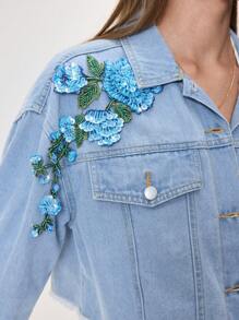 SHEIN Frenchy Chaqueta corta de jean con aplicaciones de bordados y lentejuelas para mujer - Azul - Ver 6
