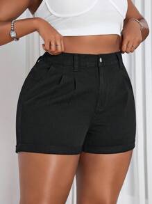 Slaydiva Plus Size Casual Washed High Waist Denim Shorts - Black - View 4