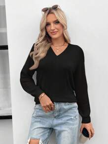 SHEIN LUNE 女款長袖v領拼接鏤空針織毛衣 - 黑色 - 查看 4