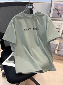 SHEIN 1 件青少年男孩圆领短袖 T 恤，带标语图案；春季服装；青少年男孩服装；儿童夹克，春季开学 - 綠色 - 查看 9