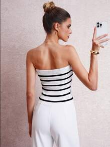 SHEIN Clasi 女士休闲针织条纹抹胸 - 白色 - 查看 2