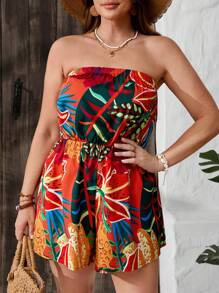SHEIN VCAY Plus Size Leaf Print Bandeau Jumpsuit, Summer
